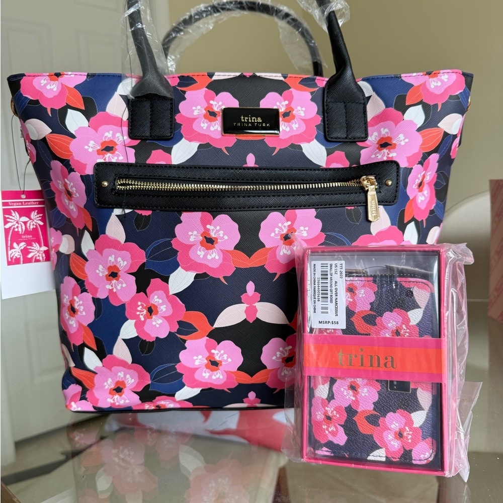 Trina Turk Floral Printed Large Pink Flower Colorful Tote & match wallet NWT